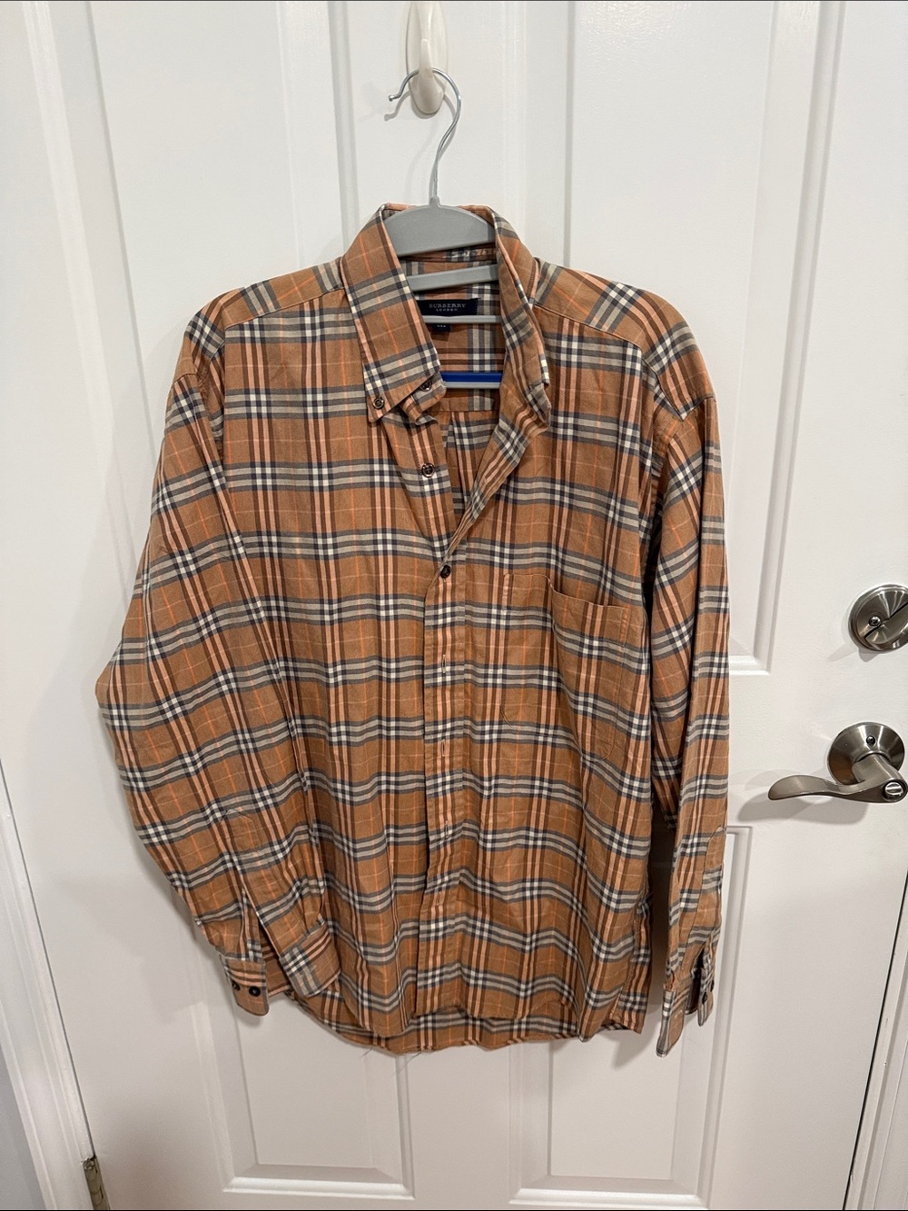 Burberry Men's Orange Plaid Button-Down Shirt with Black & White Accents